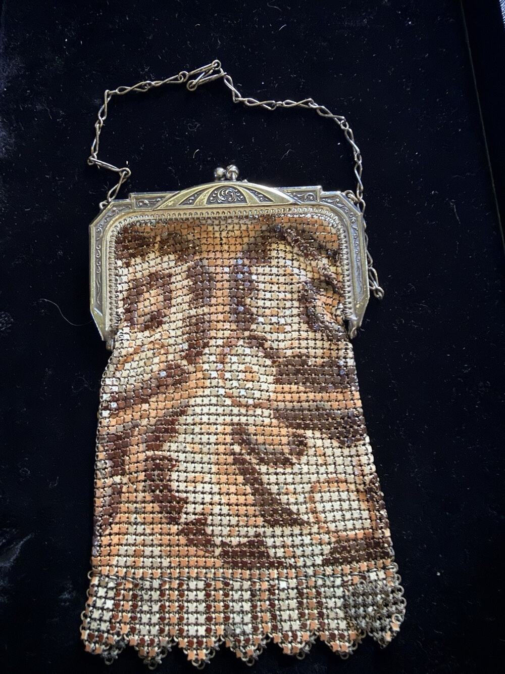 Vintage Whiting Davis Enamel Mesh Flapper Purse Art Deco Floral 1920s Chainmail